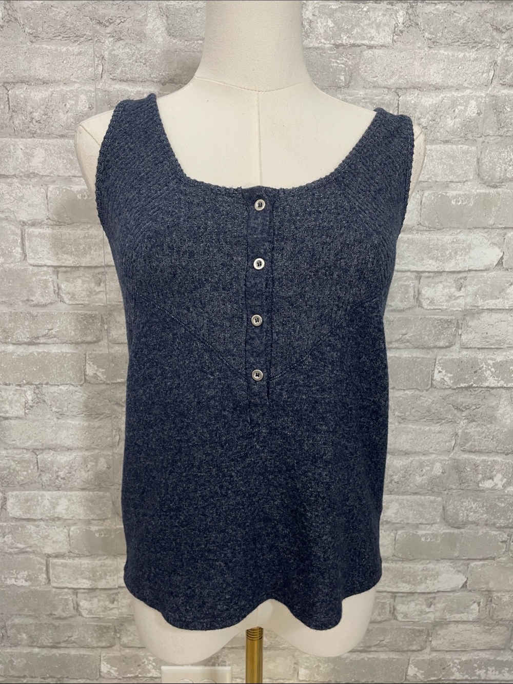 Saturday Sunday Textured Henley Knit Tank Top - Dark Navy